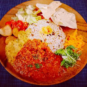 Vegan curry. Mushroom curry and lentil curry with spice from Sri Lanka.  Multi-grain rice. Organic vegetables. Gluten-free. at Kumeys in Tokyo