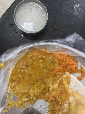 lentil curry sauce as a side, coconut milk with noodles and berries as a dessert  at Golden Cafe in Colombo