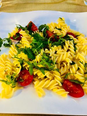 Fusilli sans gluten tomates cerises rucola at Pizzeria del Ponte in Recco