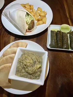 Eggplant dip, dolmades and vegan gryos with fries   at Elia Greek Kitchen in Siem Reap