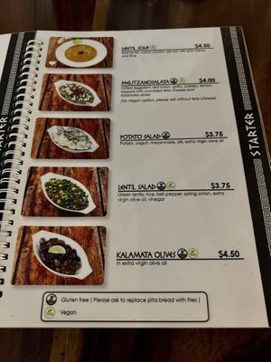 Menu starters   at Elia Greek Kitchen in Siem Reap