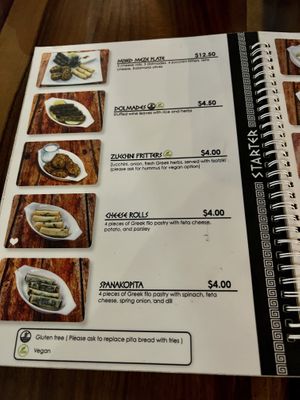 Menu starters   at Elia Greek Kitchen in Siem Reap