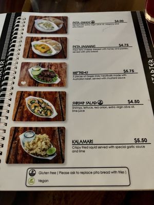 Menu starters   at Elia Greek Kitchen in Siem Reap