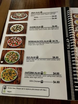 Menu salads   at Elia Greek Kitchen in Siem Reap