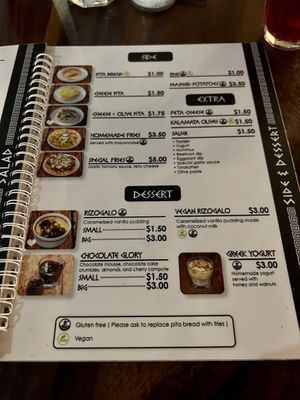 Menu desserts and sides   at Elia Greek Kitchen in Siem Reap