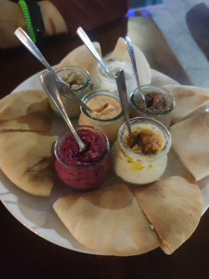 Dips (some of them are vegetarian, not vegan) at Elia Greek Kitchen in Siem Reap