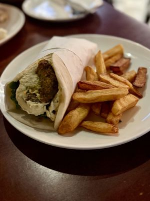 Zucchini fritters wrap with hummus   at Elia Greek Kitchen in Siem Reap
