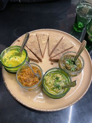 Dip sampler appetizer   at Broc The Kasbah in Marrakech