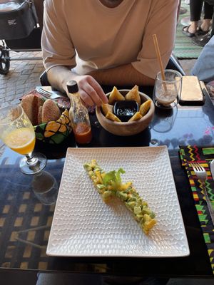 Mango and avocado tartare and indo-moroccan samosas   at Broc The Kasbah in Marrakech