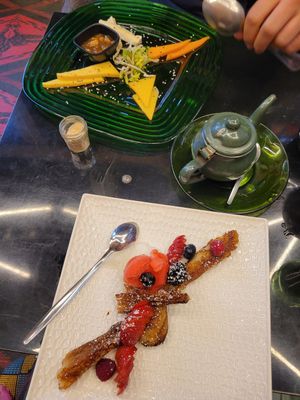 Cheese platter (vegetarian) and French Toast (vegan) at Broc The Kasbah in Marrakech