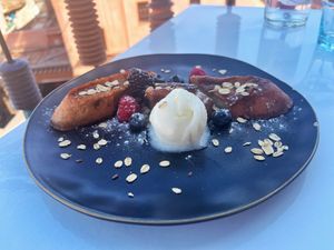 Tostada franncesa con frutos rojos y sorbete.   at Broc The Kasbah in Marrakech