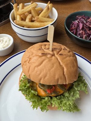 “Sterke Nils” made vegan with Beyond Meat, vegan cheese, and gluten free breadd  at Døgnvill Burger Tjuvholmen in Oslo