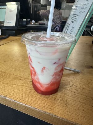Strawberry milk (I chose mine with soy milk) - definitely gotta mix it   at Machino Donuts - Bloor St in Toronto