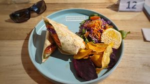 Tempeh wrap, very tasty at First Stop in 