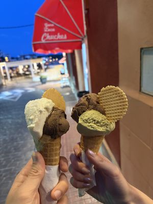 Vegan cones. On the right: dark chocolate and almond/orange. Left: pistachio and hazlenut.   at El Cucurucho Heladeria  - Es Castell in Menorca