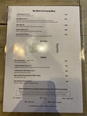 Menu  at Ben Nevis Inn in Fort William