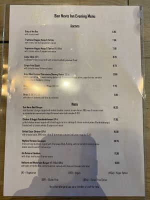 Menu  at Ben Nevis Inn in Fort William