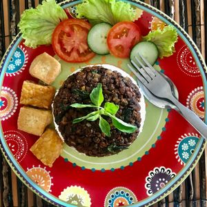 A vegan speciality from West Java, “oncom” made with fermented red beans   at Urban Jungle in Ubud