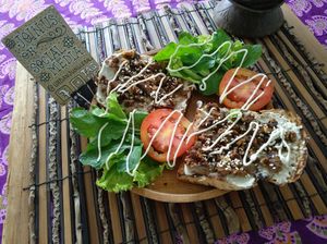Oncom toast, oncom is fermented tempe from west java(hard to find in bali) cashew cream cheese.. at Urban Jungle in Ubud