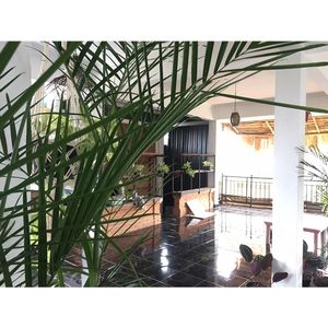 Upstairs seating area and the kitchen- view over central Ubud with sunset at Urban Jungle in Ubud