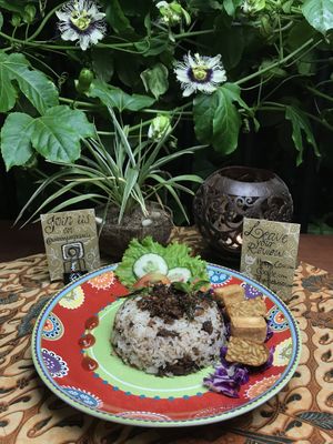 New! Tutug Oncom (steamed cooked rice with basil and Oncom and fried schallot on top. 

Oncom is an speciality from west Jawa, fermented beans and coconut and cassawa root.  at Urban Jungle in Ubud