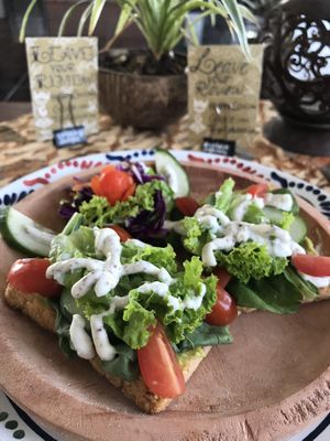 Jungle Toast with homemade vegan cream cheese and vegan mayo. 
Toast with mash avo, fresh veggies, cream cheese and mayo.

We have Gluten free bread option at Urban Jungle in Ubud