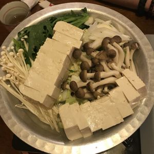 Hot pot! We stirred in the veggies and tofu a bit before eating, and found that if you add the little bowl of sauce to it that this is best. Very tasty, healthy and filling! at Gotoku-tei in Nagano