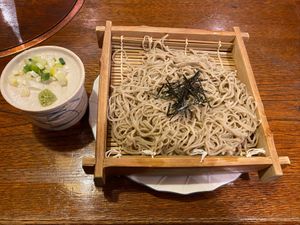 Soba noodles with wasabi (and soy sauce to pour on top in cup underneath the wasabi) at Gotoku-tei in Nagano