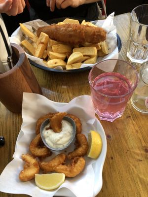 “Shrimps” and classic vegan fish and chips   at Sutton and Sons - Graham Rd in North London