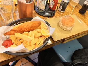 Fish and chips and lobster roll (all vegan)   at Sutton and Sons - Graham Rd in North London