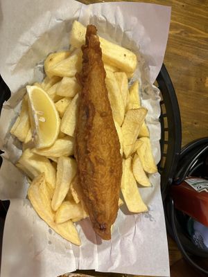 Vegan fish & chips (banana blossom)  at Sutton and Sons - Graham Rd in North London