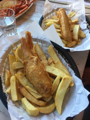 Banana blossom fish and chips and vegan battered sausage at Sutton and Sons - Graham Rd in North London