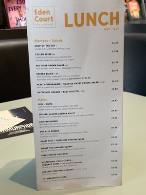 Salad, risotto, curry, lasagne (no garlic bread) at Eden Court in Inverness