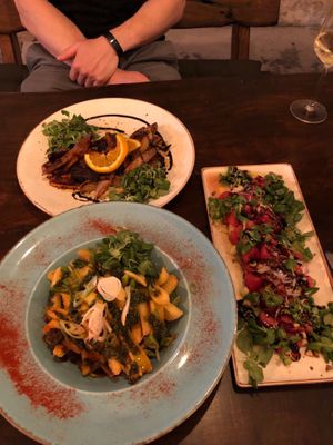 Top: roast veg and hummus main. Left: chimichurie potatoes. Right: watermelon salad at Fig in Split