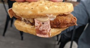 Waffle chicken bacon burger at Plant Power Fast Food - SDSU in San Diego