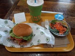 Pepper jack chicken bacon sandwich meal with side salad and strawberry shake at Plant Power Fast Food - SDSU in San Diego