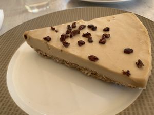 Mocha cheesecake... vegan creaminess with a coconut infused crust! at Milokidono in Aegina