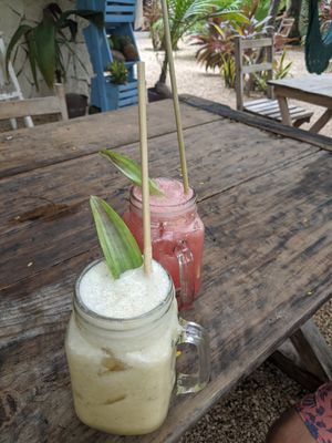 Pineapple and watermelon aguas frescas with plant straws! at Los Bowls de Guadalupe  in Tulum