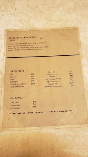Menu at Los Bowls de Guadalupe  in Tulum