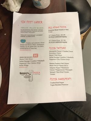 Page 1 of the Vegan Menu at Spooky's Pizza in Murfreesboro