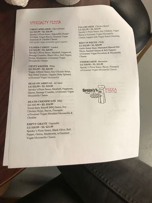 Vegan Pizza Menu! at Spooky's Pizza in Murfreesboro