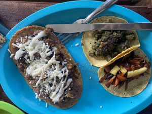 Huarache and two more tacos  at El Bajón Vegano in Tulum