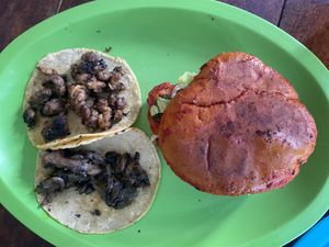 Two tacos and the pambaza at El Bajón Vegano in Tulum