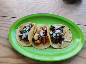 Bistec, pastor and chorizo rojo at El Bajón Vegano in Tulum