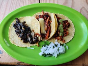 Carnitas, bistec and chorizo rojo at El Bajón Vegano in Tulum