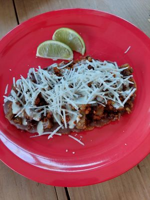 Jackfruit, beans and vegan chees at El Bajón Vegano in Tulum