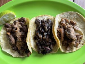 chorizo ,carnitas,  bistec   at El Bajón Vegano in Tulum