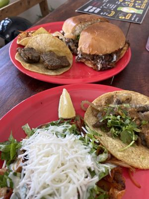 Torta, tacos y tostada  at El Bajón Vegano in Tulum