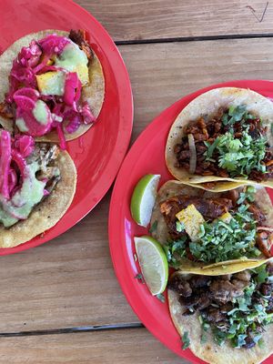 Tacos after adding the salsas  at El Bajón Vegano in Tulum