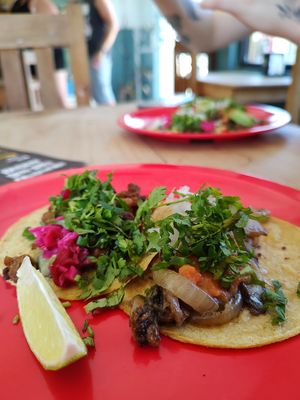 Soya chunks and shiitake & onion tacos at El Bajón Vegano in Tulum